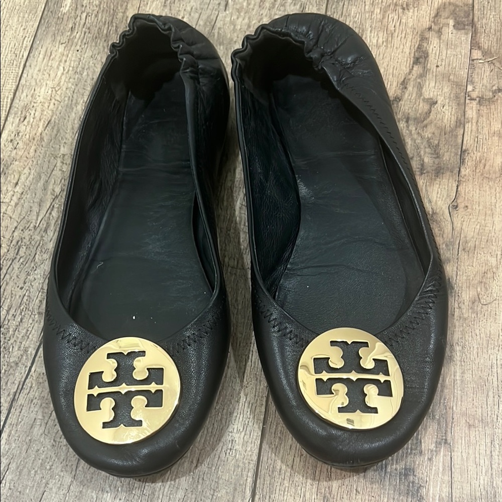 Tory Burch Black and Gold Leather flats